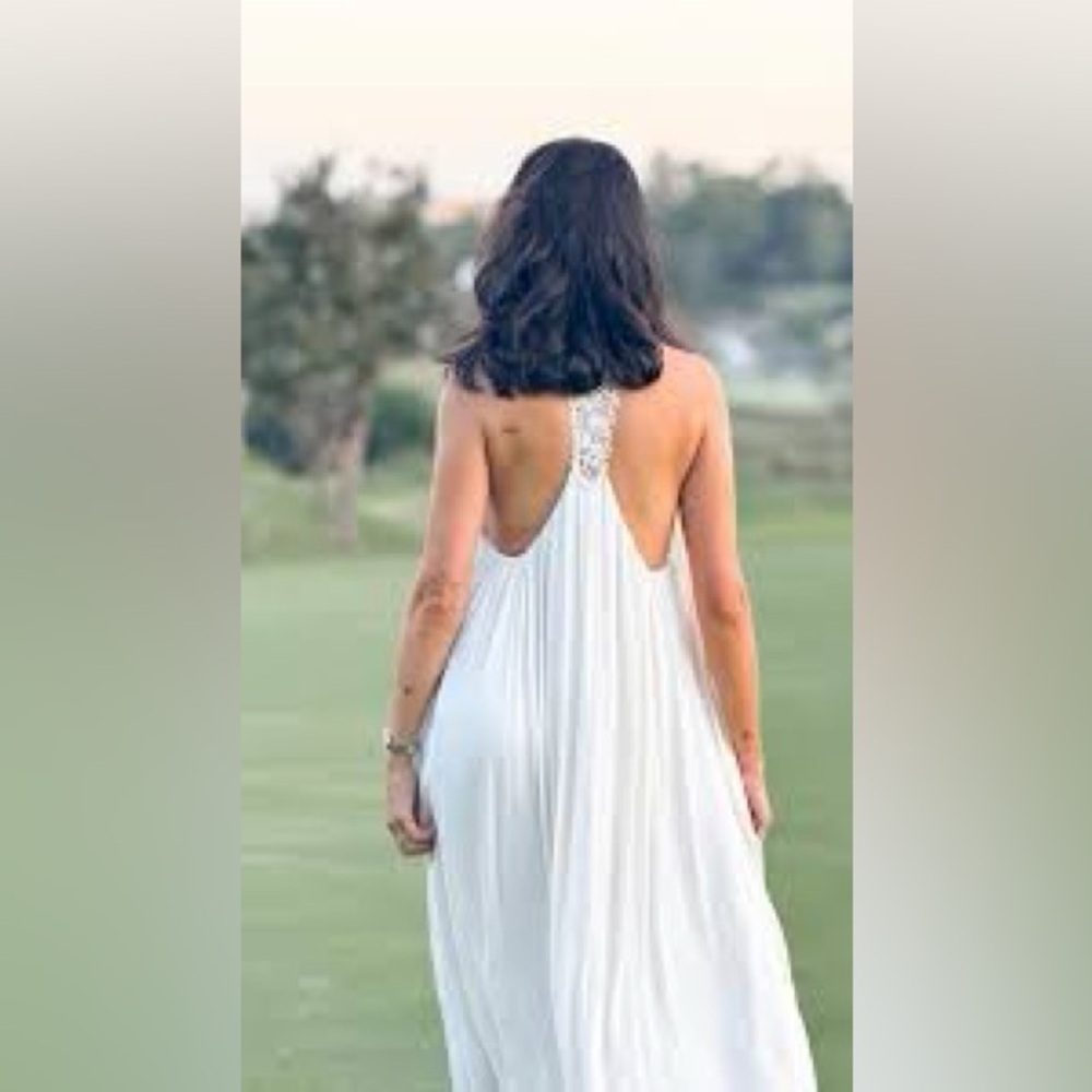 Flowy White Halter Maxi Dress Lace Back Beach Boho Romantic Bride Zara NWT M-L - Picture 3 of 13